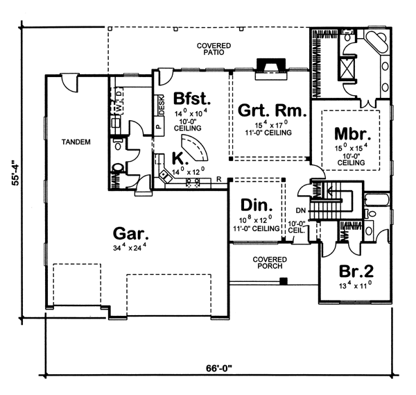 Bungalow One-Story Traditional Level One of Plan 44019