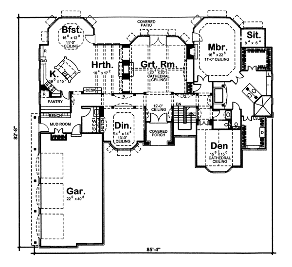 European One-Story Traditional Level One of Plan 44064