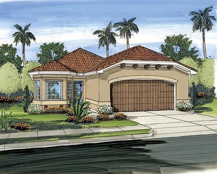 Florida Mediterranean Narrow Lot One-Story Southwest Elevation of Plan 44090