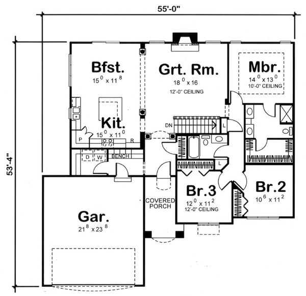 One-Story Traditional Level One of Plan 44097