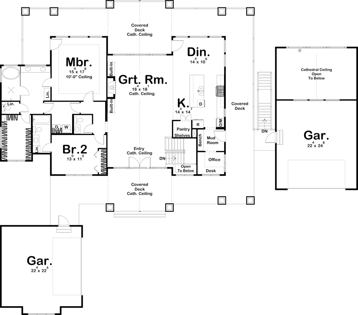 Bungalow, Cottage, Craftsman House Plan 44187 with 2 Beds, 3 Baths, 4 Car Garage Level One