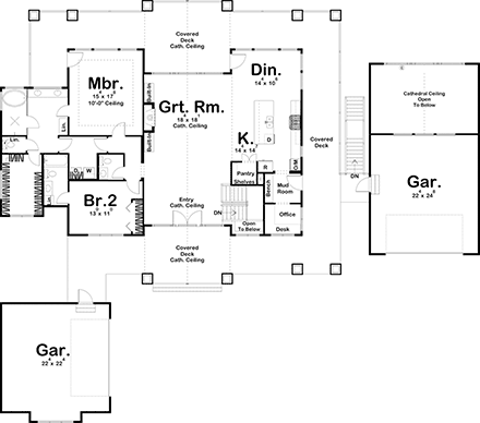 Bungalow, Cottage, Craftsman House Plan 44187 with 2 Beds, 3 Baths, 4 Car Garage First Level Plan