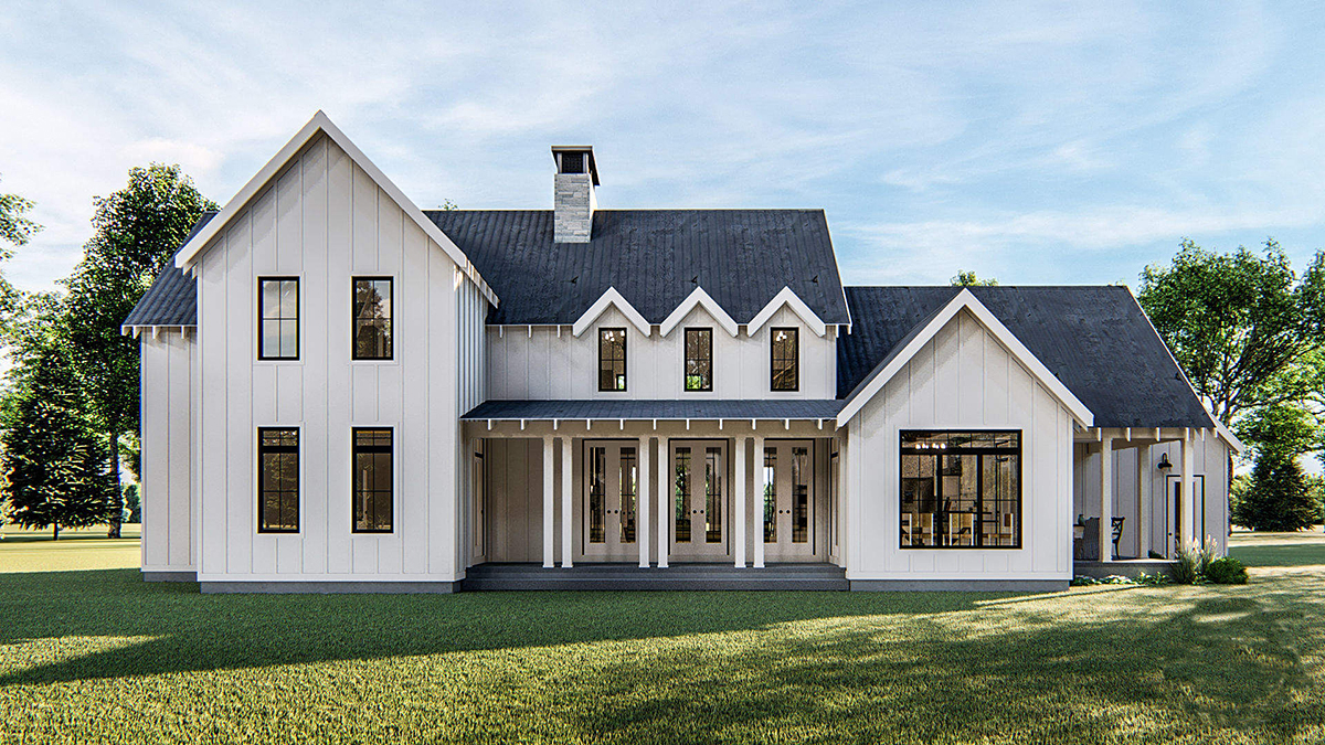 Farmhouse Plan with 2768 Sq. Ft., 4 Bedrooms, 4 Bathrooms, 3 Car Garage Rear Elevation