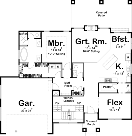 Contemporary, Modern House Plan 44207 with 4 Beds, 3 Baths, 2 Car Garage First Level Plan