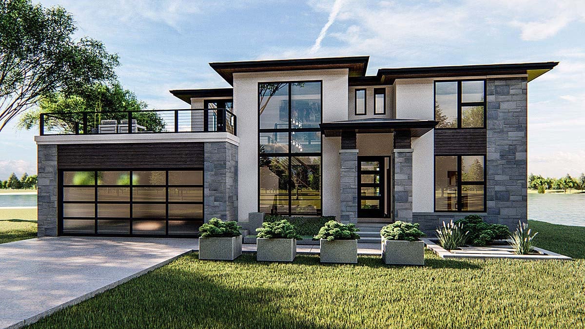 Contemporary, Modern House Plan 44207 with 4 Beds, 3 Baths, 2 Car Garage Elevation