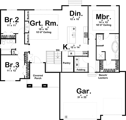 Modern, Prairie House Plan 44214 with 3 Beds, 2 Baths, 3 Car Garage First Level Plan
