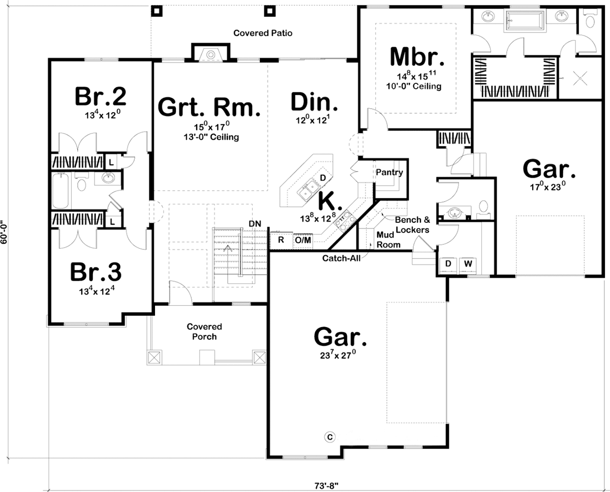 Craftsman Ranch Traditional Level One of Plan 44224