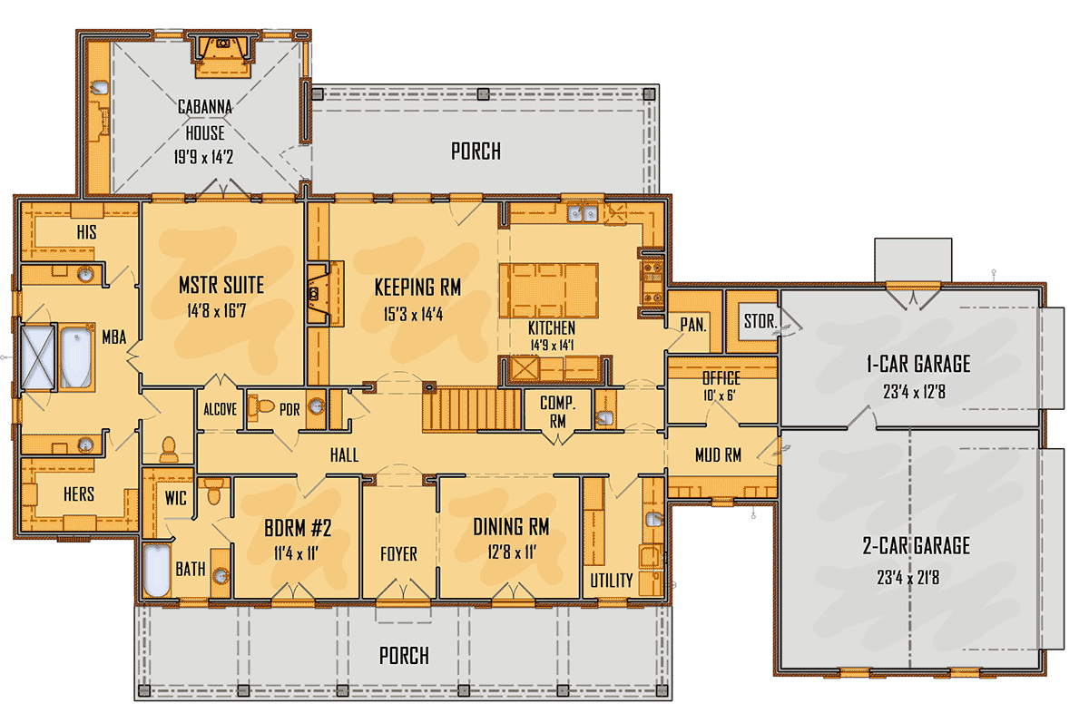 Country Farmhouse Southwest Traditional Level One of Plan 44304