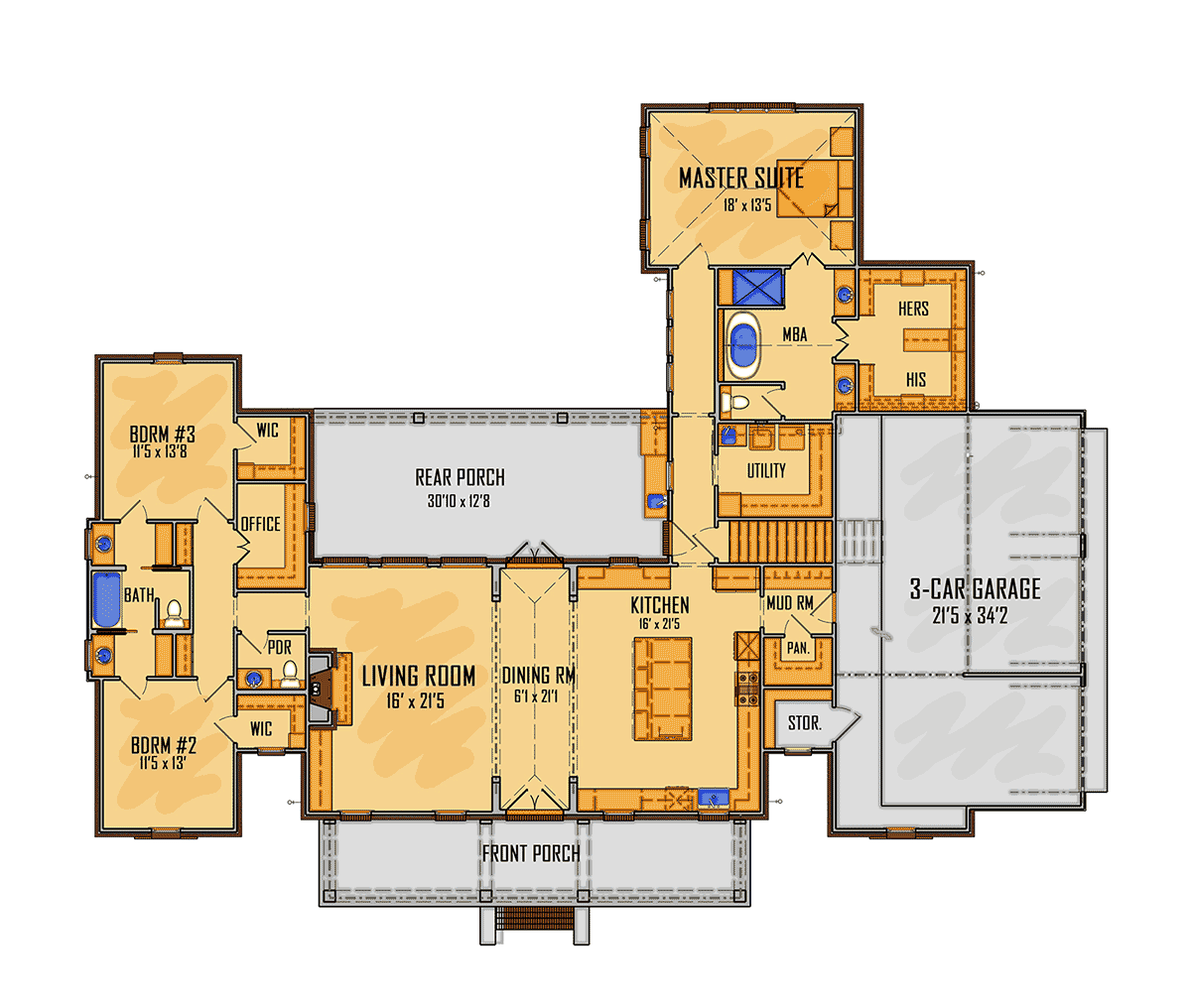 Country Farmhouse Southern Southwest Traditional Level One of Plan 44329