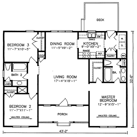 Traditional House Plan 45377 with 3 Beds, 2 Baths First Level Plan