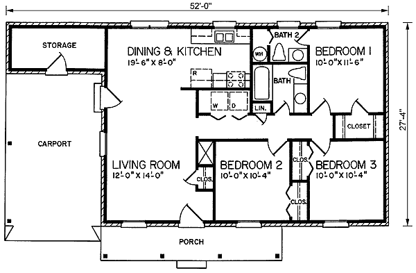 One-Story, Ranch House Plan 45507 with 3 Beds, 2 Baths, 1 Car Garage Level One