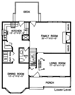 Country, Narrow Lot House Plan 45508 with 3 Beds, 3 Baths First Level Plan