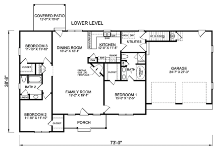 Country, One-Story, Ranch House Plan 45510 with 3 Beds, 2 Baths, 2 Car Garage First Level Plan