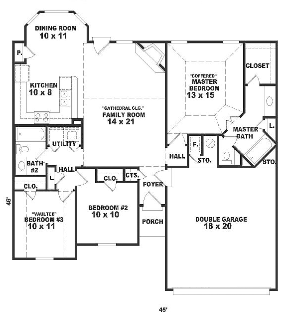 One-Story Traditional Level One of Plan 46428