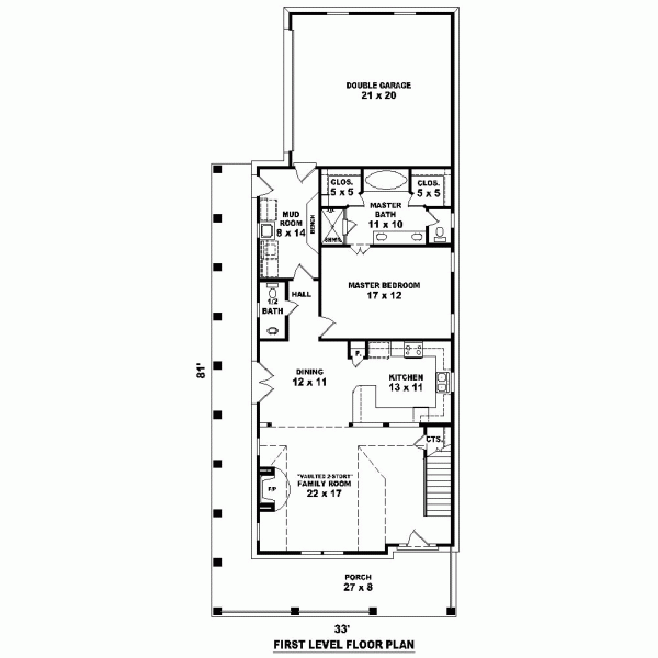 Country Farmhouse Narrow Lot Level One of Plan 47395