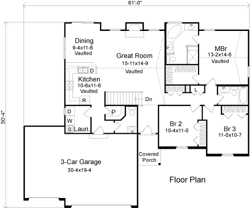 One-Story Ranch Level One of Plan 49074