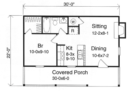 Country, Narrow Lot, One-Story House Plan 49148 with 1 Beds, 1 Baths First Level Plan