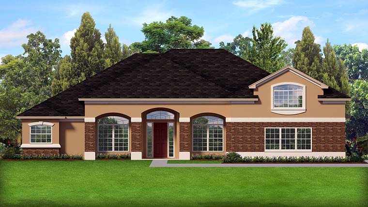 European, Florida, Mediterranean, Southwest Plan with 2985 Sq. Ft., 4 Bedrooms, 3 Bathrooms, 3 Car Garage Elevation