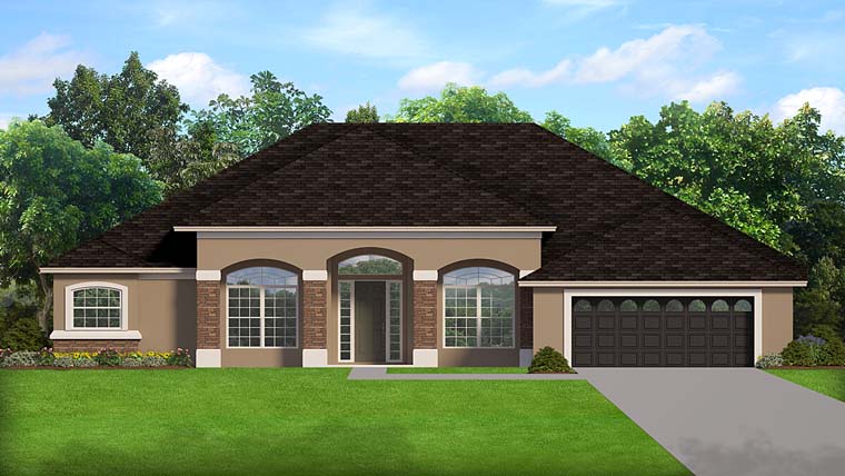 European, Florida Plan with 2430 Sq. Ft., 3 Bedrooms, 2 Bathrooms, 2 Car Garage Elevation