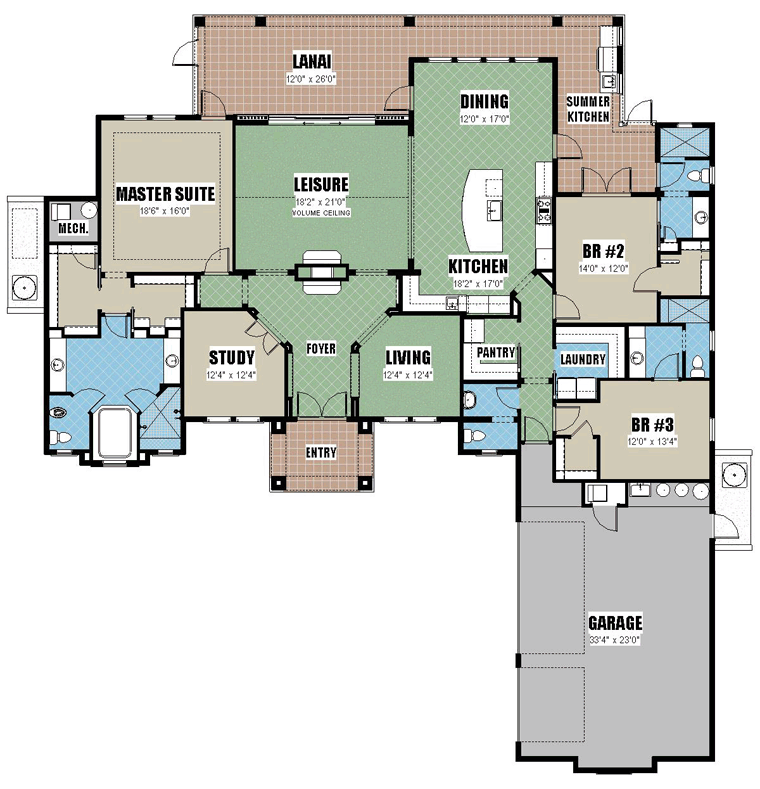 European Florida Mediterranean Ranch Southern Traditional Level One of Plan 51216