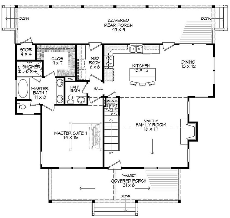 Cabin Country Farmhouse Level One of Plan 51411