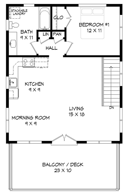 Contemporary, Modern Garage-Living Plan 51479 with 1 Beds, 1 Baths, 2 Car Garage Second Level Plan