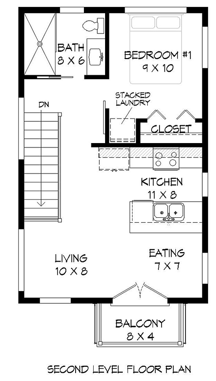 Modern Garage-Living Plan 51488 with 1 Beds, 1 Baths, 1 Car Garage Second Level Plan