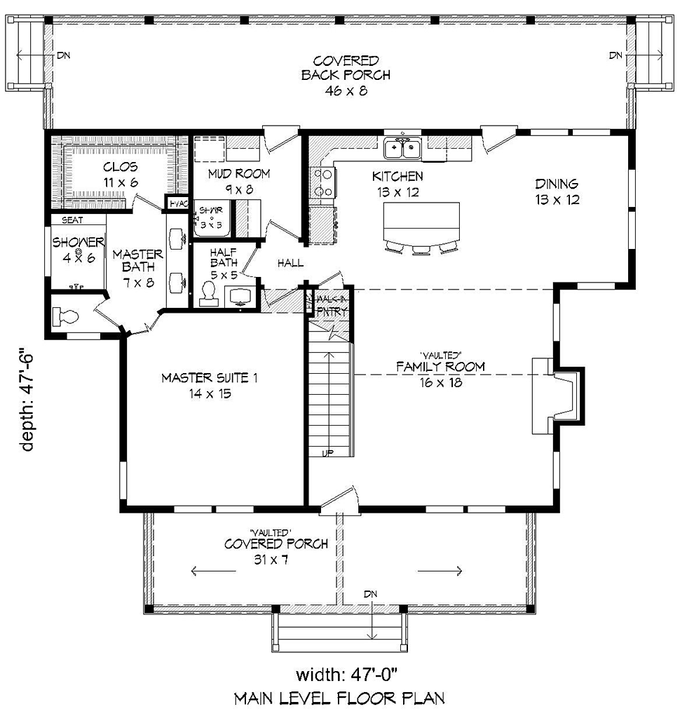 Country Craftsman Southern Traditional Level One of Plan 51619