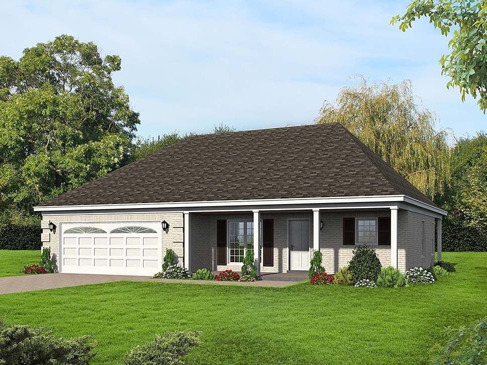 European, Ranch, Southern, Traditional Plan with 1370 Sq. Ft., 2 Bedrooms, 2 Bathrooms, 2 Car Garage Elevation