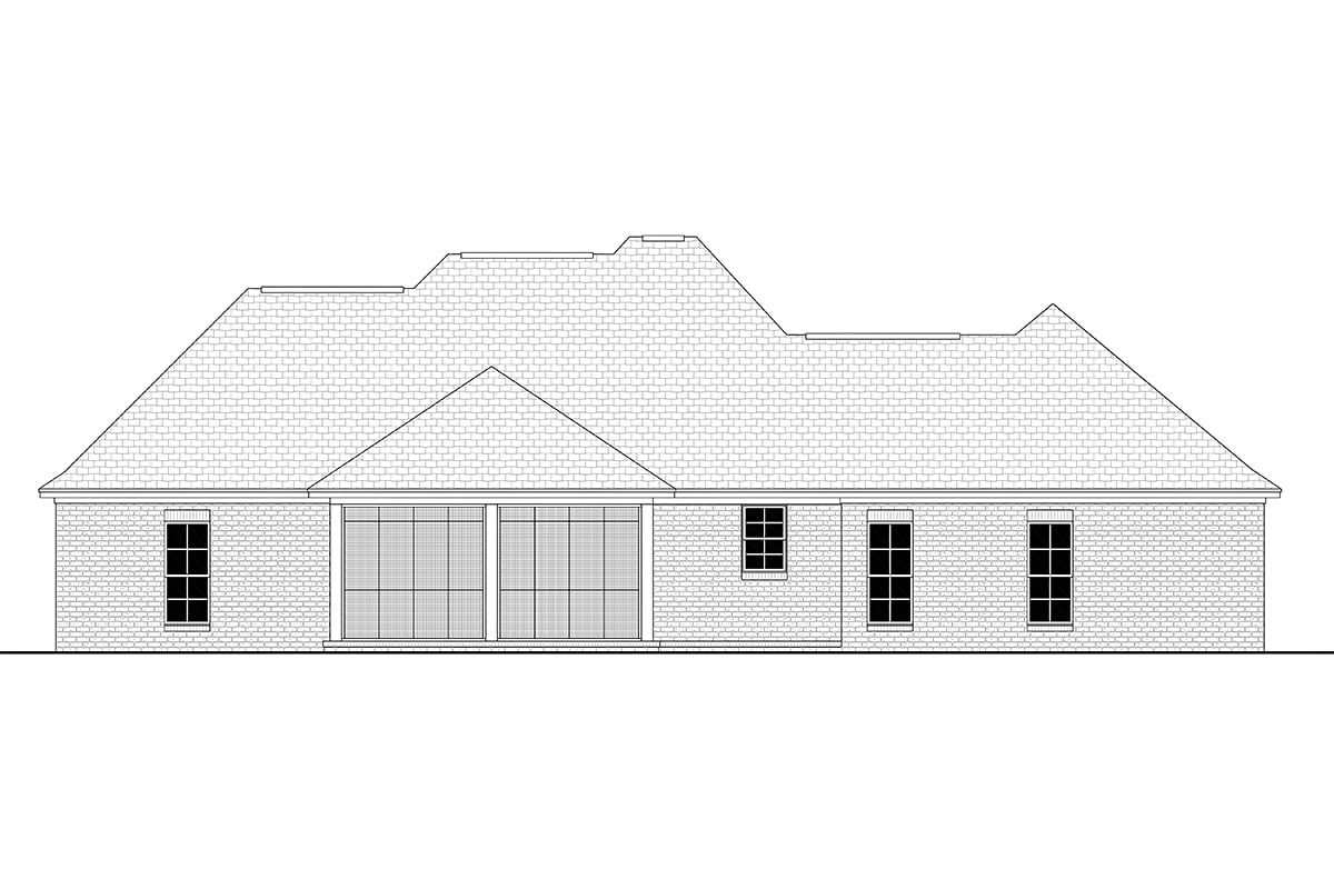 Country, European, French Country Plan with 2000 Sq. Ft., 4 Bedrooms, 2 Bathrooms, 2 Car Garage Rear Elevation
