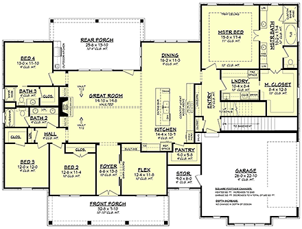 Country, Farmhouse, Southern House Plan 51998 with 4 Beds, 3 Baths, 2 Car Garage First Level Plan