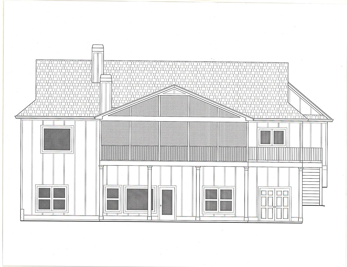 Craftsman, Farmhouse Plan with 3059 Sq. Ft., 4 Bedrooms, 4 Bathrooms, 3 Car Garage Rear Elevation