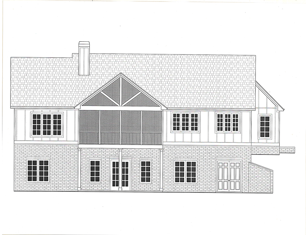 Craftsman, Farmhouse Plan with 3462 Sq. Ft., 3 Bedrooms, 4 Bathrooms, 3 Car Garage Rear Elevation