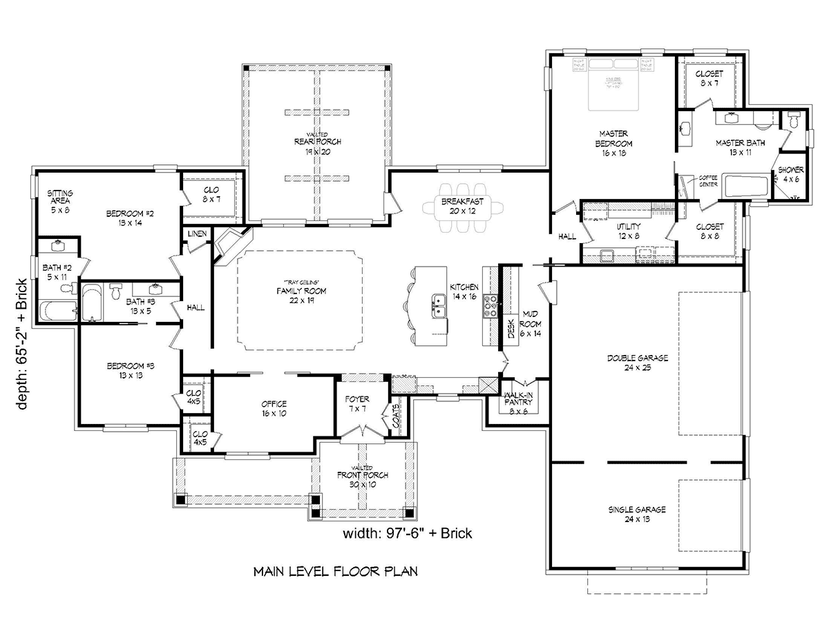 French Country Ranch Traditional Level One of Plan 52117