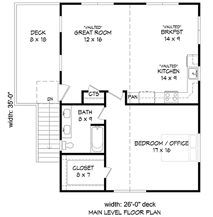 Cape Cod, Saltbox, Traditional Garage-Living Plan 52146 with 1 Beds, 1 Baths, 2 Car Garage Second Level Plan