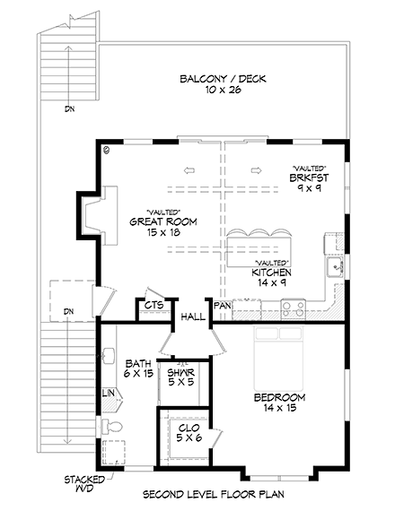 Cape Cod, Saltbox, Traditional Garage-Living Plan 52147 with 1 Beds, 1 Baths, 2 Car Garage Second Level Plan