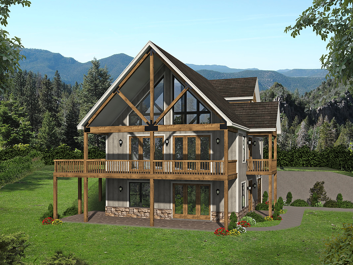 Cabin, Country, Craftsman, Farmhouse, Prairie Style Plan with 2537 Sq. Ft., 3 Bedrooms, 2 Bathrooms, 2 Car Garage Rear Elevation