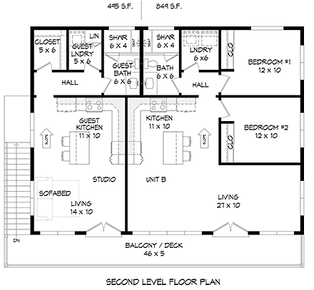 Contemporary, Modern Garage-Living Plan 52156 with 2 Beds, 3 Baths, 4 Car Garage Second Level Plan