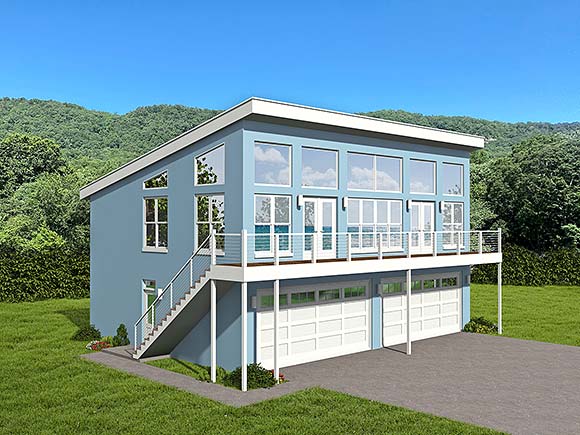 Contemporary, Modern Garage-Living Plan 52156 with 2 Beds, 3 Baths, 4 Car Garage Elevation
