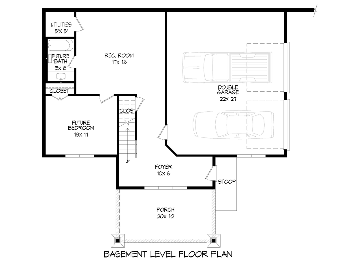 Bungalow Craftsman Prairie Style Ranch Lower Level of Plan 52177