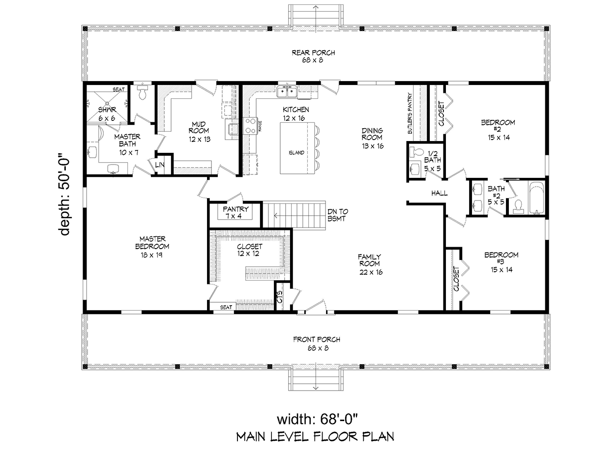 Country Farmhouse Ranch Traditional Level One of Plan 52190