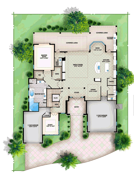 Contemporary House Plan 52903 with 4 Beds, 5 Baths, 3 Car Garage First Level Plan