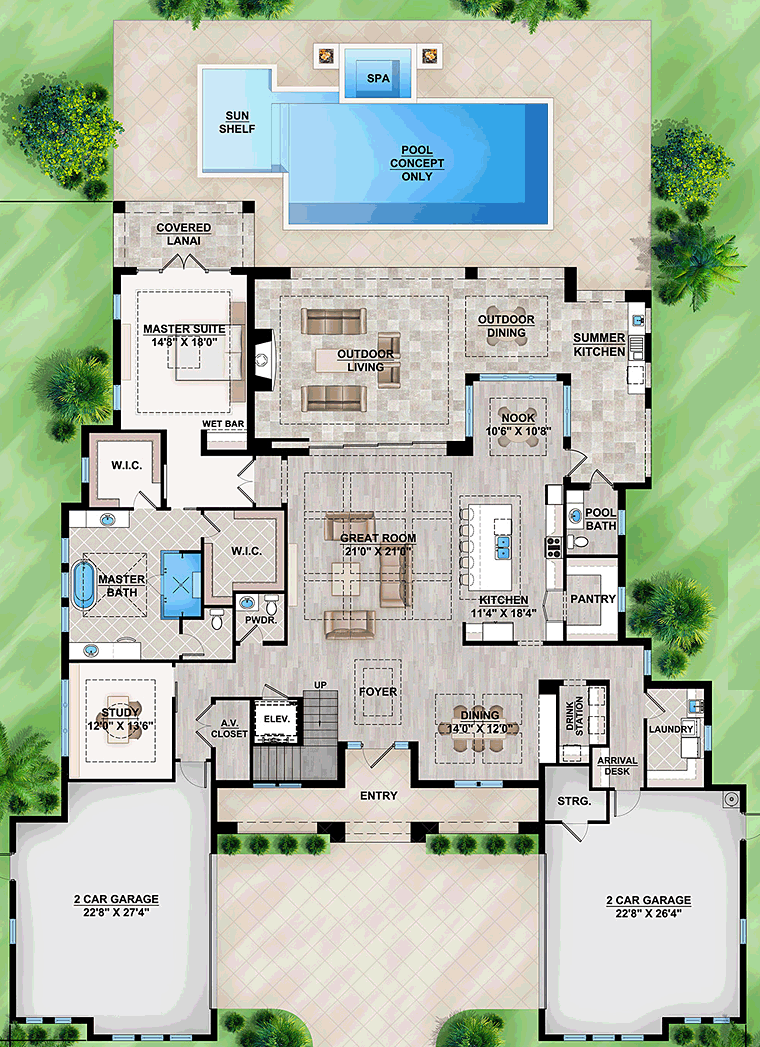 Coastal Contemporary Florida Mediterranean Level One of Plan 52925