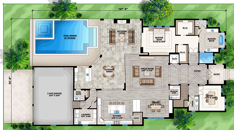 Coastal Contemporary Florida Mediterranean Level One of Plan 52942