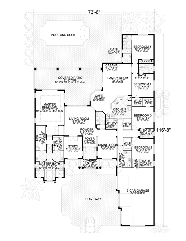 House Plan 55895 One Story Style With 4087 Sq Ft 5 Bed 5 Bath