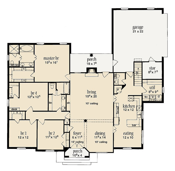 Plan 56236 | One-Story Style with 4 Bed, 3 Bath, 2 Car Garage