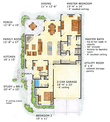 Craftsman, European, Traditional House Plan 56569 with 3 Beds, 2 Baths, 2 Car Garage First Level Plan
