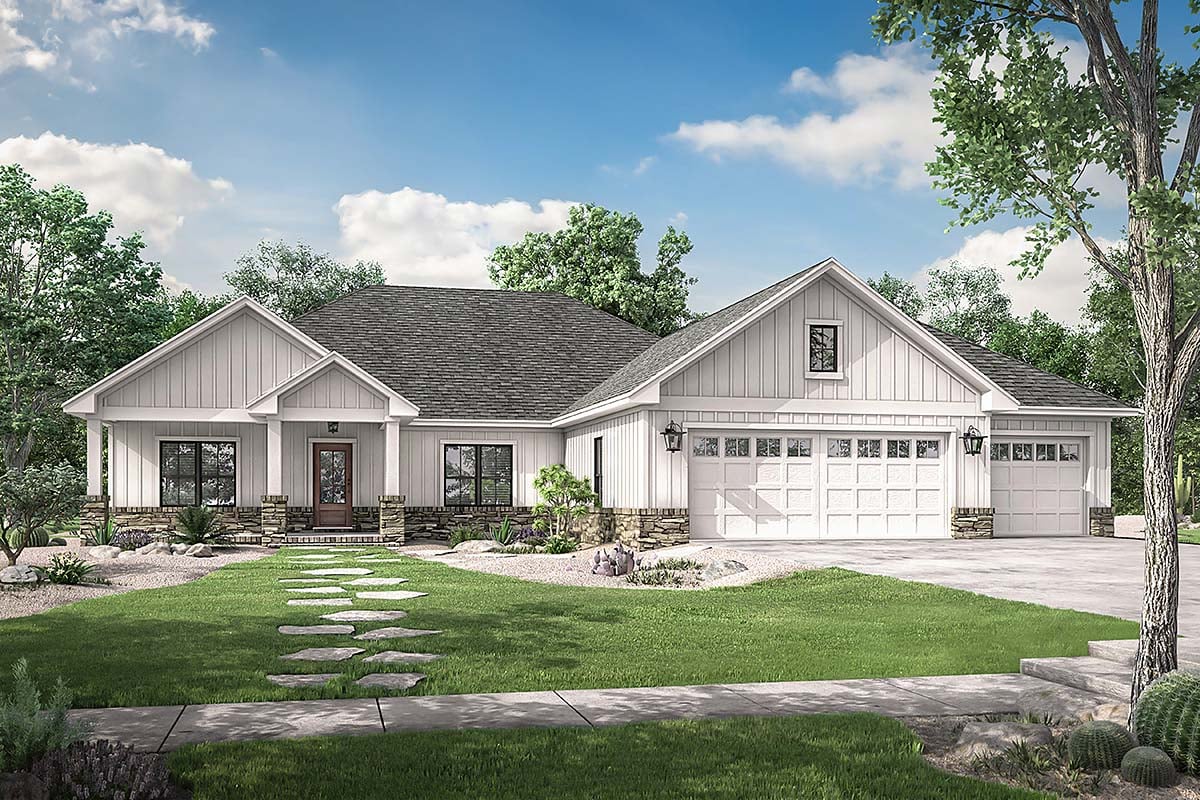 Craftsman, Farmhouse, Ranch Plan with 2230 Sq. Ft., 3 Bedrooms, 3 Bathrooms, 3 Car Garage Elevation