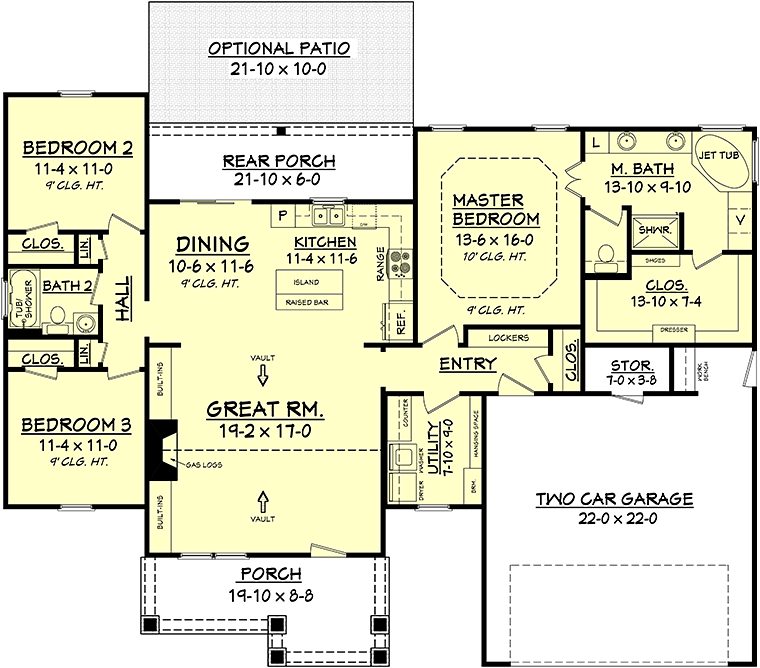 Cottage, Country, Craftsman, Traditional House Plan 56902 with 3 Beds, 2 Baths, 2 Car Garage Level One