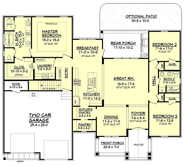 Country Craftsman New American Style Southern Traditional Level One of Plan 56911